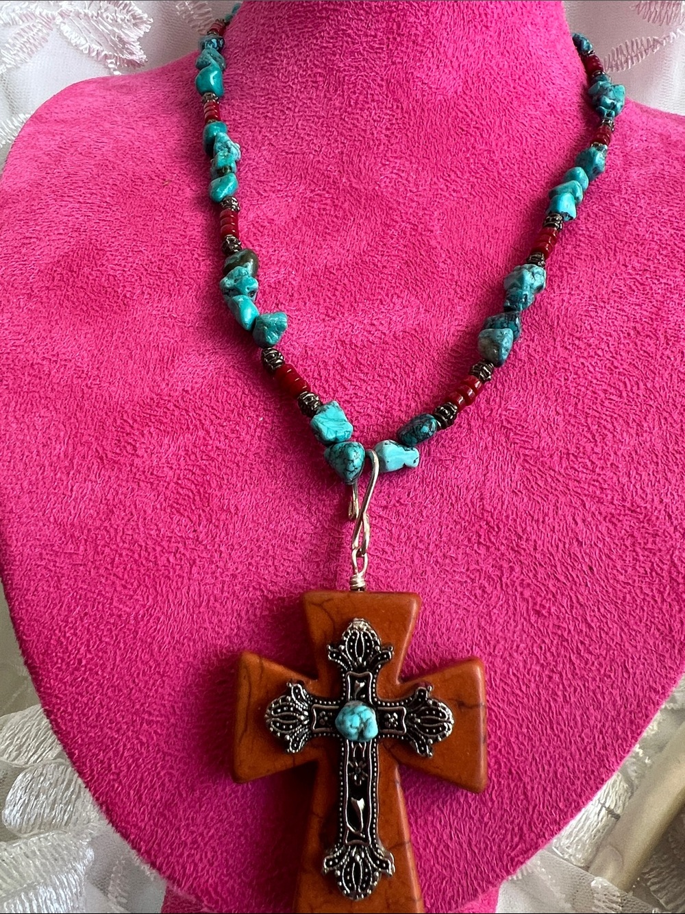 Turquoise Chip & Brown Cross Pendant Necklace - Unbranded